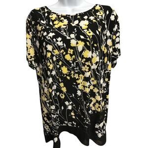 Roz Ali XL Top Black Yellow White Floral Soft Stretch Sheer Accent Short Sleeves